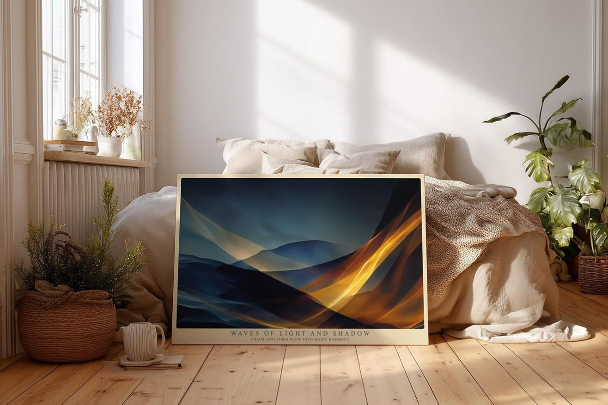 Paul Sinus Wandbild 120x80cm abstrakte Lichtwellen moderne Fluid Kunst blau gold dynamische Formen stilvolle Wanddekoration fuer Wohnzimmer Büro