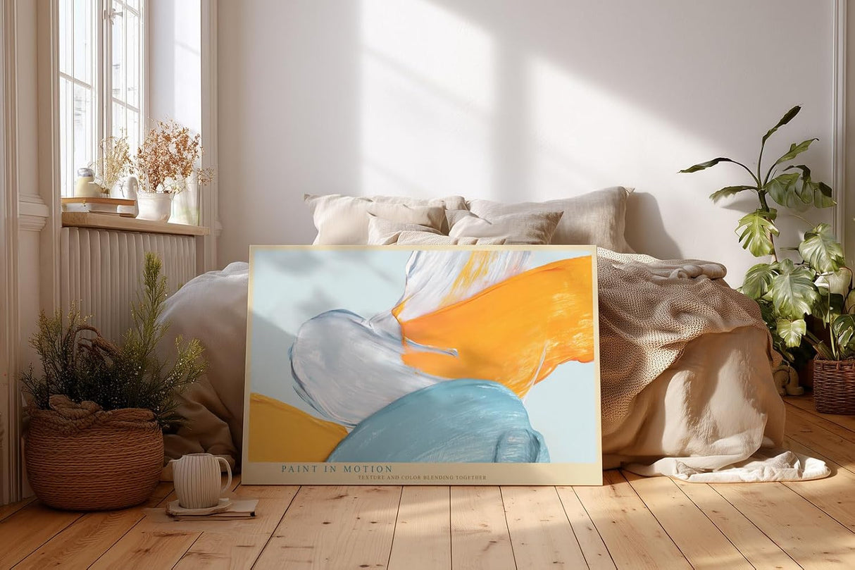 Paul Sinus Wandbild 120x80cm abstrakte Malerei mit Pinselstruktur blau weiß orange moderne Farbkunst dynamisches Kunstbild für Wohnzimmer Büro Atelier