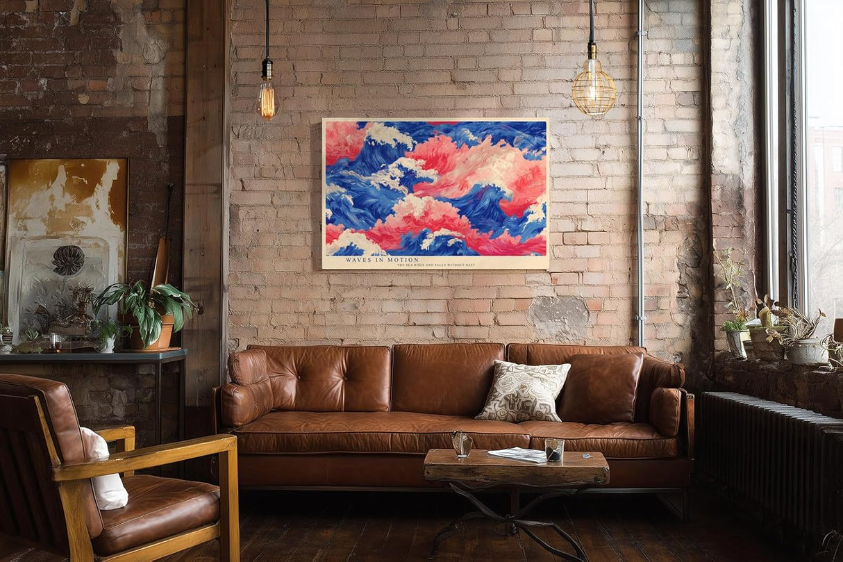 Paul Sinus Wandbild 120x80cm abstrakte Meereswellen blau pink moderne Kunst dynamische Ozean Illustration Wanddekoration fuer Wohnzimmer Büro
