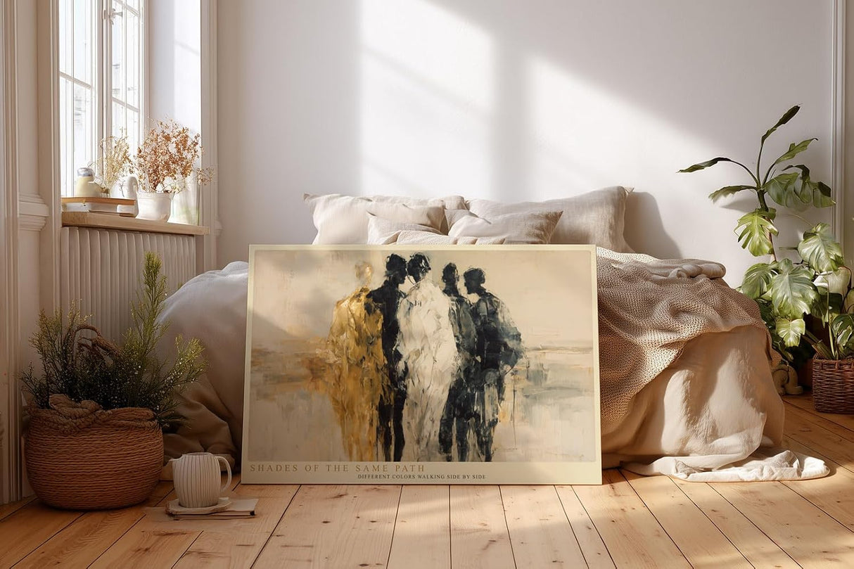 Paul Sinus Wandbild 120x80cm abstrakte Menschen Figuren modern beige schwarz gold Kunst Gemälde minimalistische Figurengruppe stilvolle Wanddekoration für Wohnzimmer Büro Flur