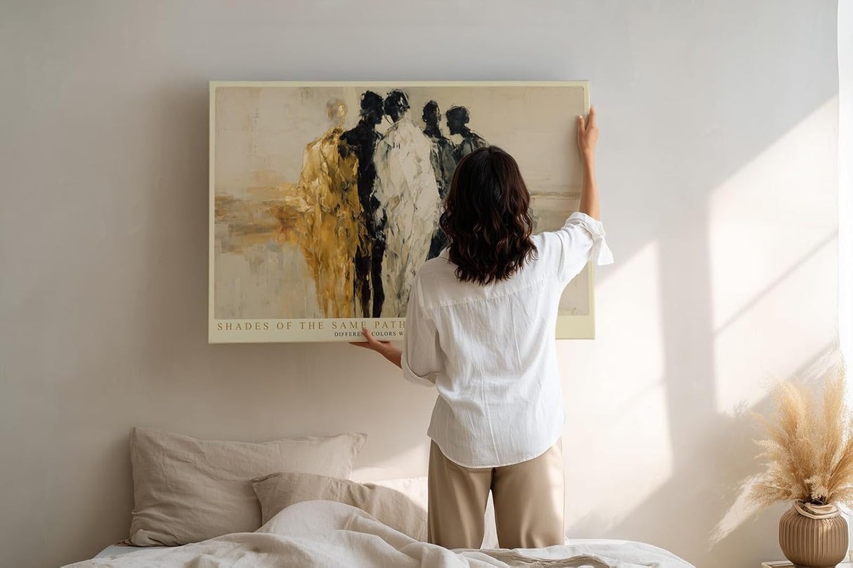 Paul Sinus Wandbild 120x80cm abstrakte Menschen Figuren modern beige schwarz gold Kunst Gemälde minimalistische Figurengruppe stilvolle Wanddekoration für Wohnzimmer Büro Flur