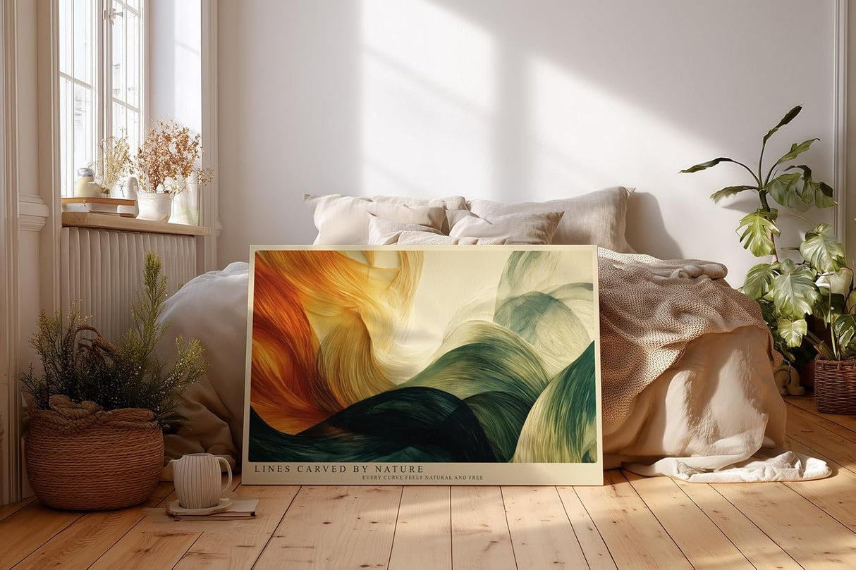 Paul Sinus Wandbild 120x80cm abstrakte Naturformen gruene goldene Linien moderne Kunst Leinwand Wanddekoration elegantes abstraktes Landschaftsbild fuer Wohnzimmer Büro