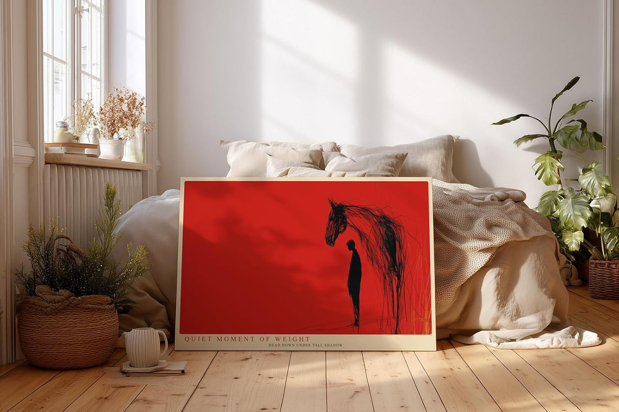 Paul Sinus Wandbild 120x80cm abstrakte Pferd und Mensch Illustration rotes Kunstposter moderne symbolische Kunst Wanddekoration fuer Wohnzimmer Büro Atelier
