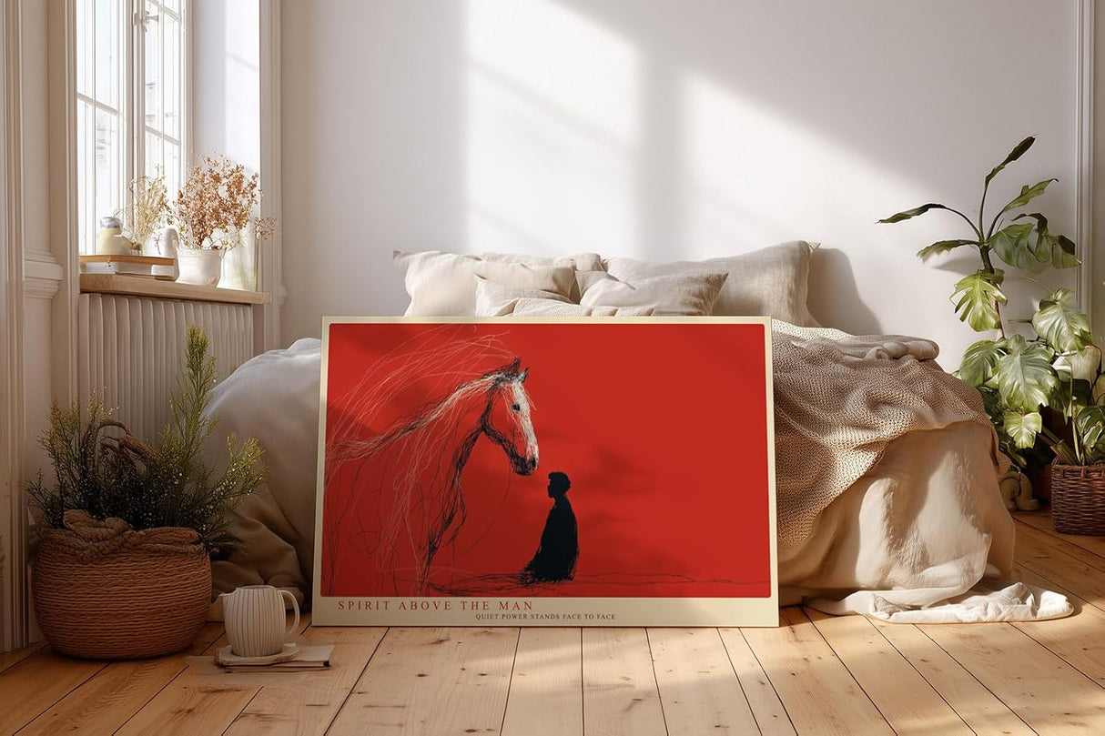 Paul Sinus Wandbild 120x80cm abstrakte Pferd und Mensch Illustration rotes modernes Kunstposter emotionale Linienkunst starke Wanddekoration fuer Wohnzimmer Büro Atelier
