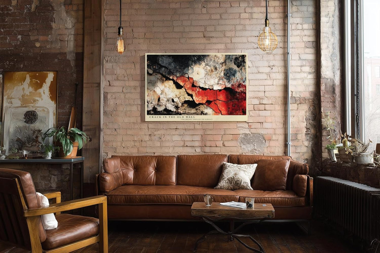 Paul Sinus Wandbild 120x80cm Abstrakte Rissstruktur in alter Wand – Dramatische Texturkunst mit roten Akzenten für modernes Wohnen