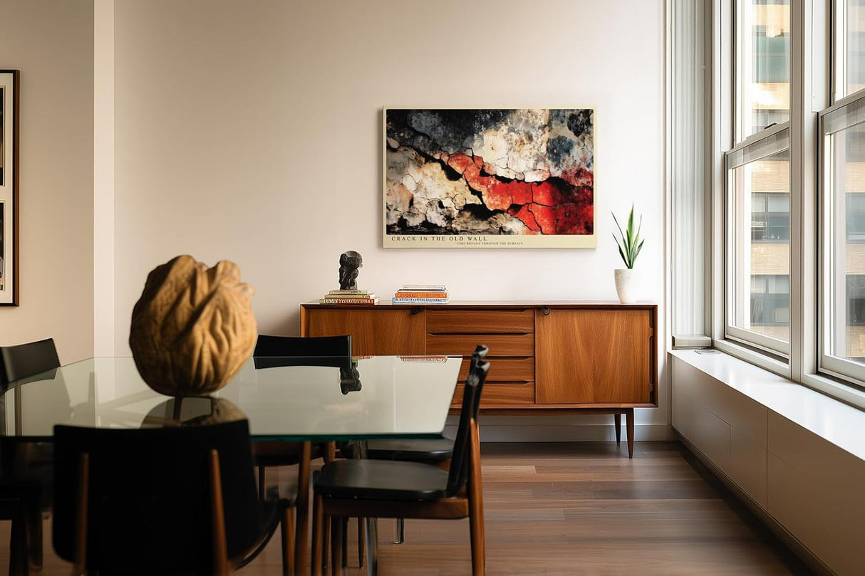 Paul Sinus Wandbild 120x80cm Abstrakte Rissstruktur in alter Wand – Dramatische Texturkunst mit roten Akzenten für modernes Wohnen