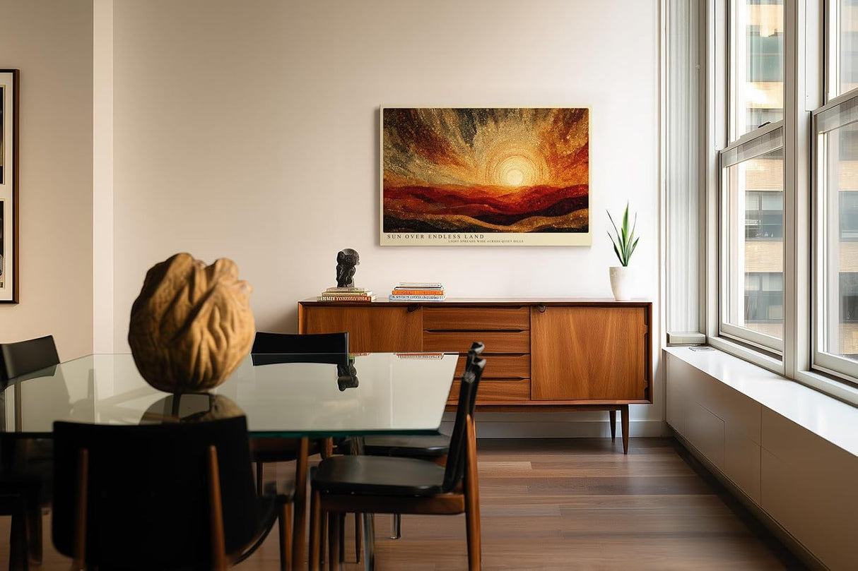 Paul Sinus Wandbild 120x80cm Abstrakte Sonnenlandschaft Kunst in Gold Orange und Rot Modernes Natur Design für Wohnzimmer Büro und Galerie