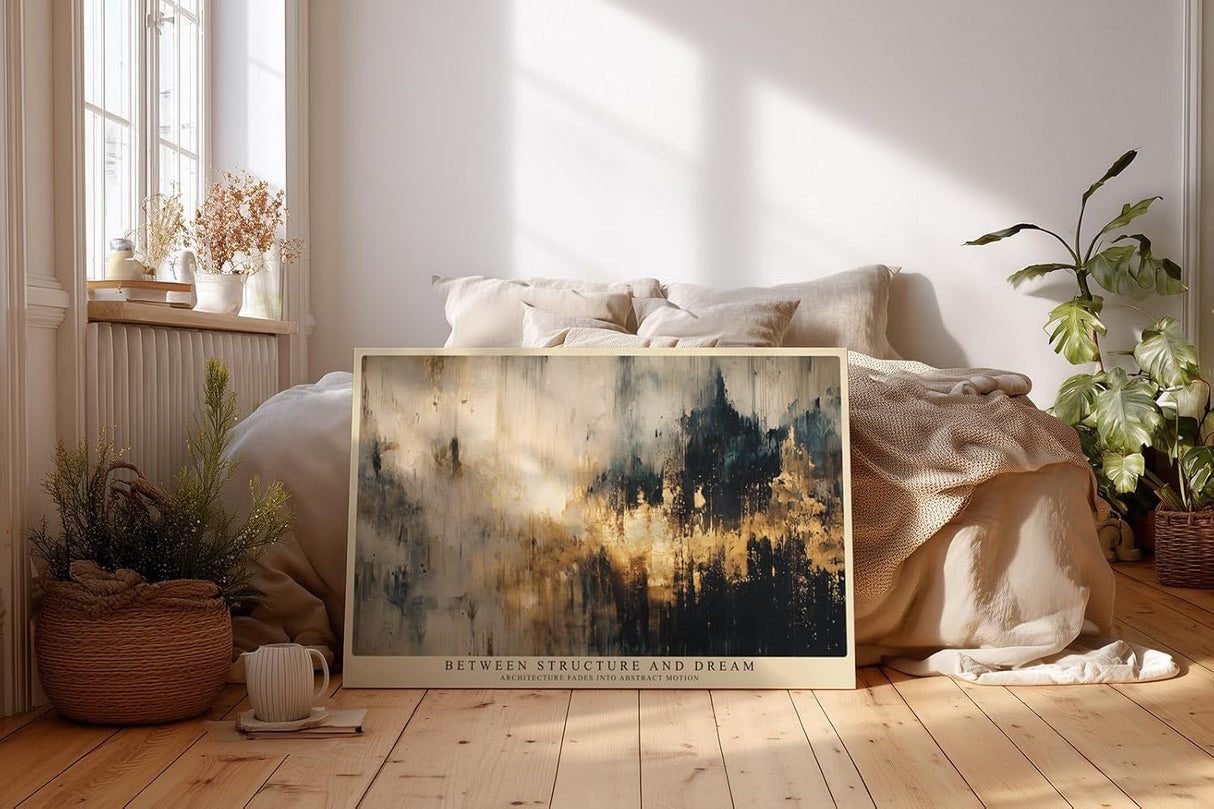 Paul Sinus Wandbild 120x80cm abstrakte Stadtlandschaft modern gold grau Kunst Kunstdruck grosses Kunstbild elegante Wanddekoration fuer Wohnzimmer Büro Flur