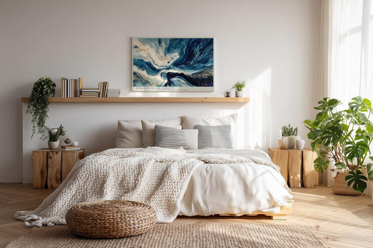 Paul Sinus Wandbild 120x80cm Abstrakte Wasserbewegung in Blau Weiss und Gold Moderne Kunst Wanddekoration Wohnzimmer