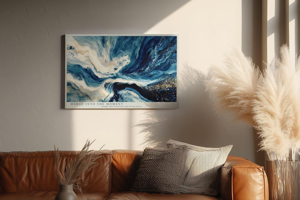 Paul Sinus Wandbild 120x80cm Abstrakte Wasserbewegung in Blau Weiss und Gold Moderne Kunst Wanddekoration Wohnzimmer