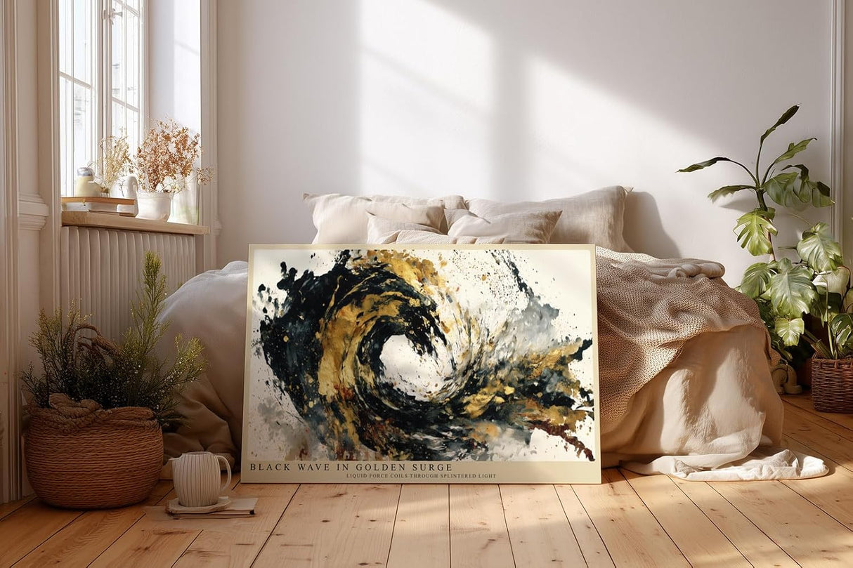 Paul Sinus Wandbild 120x80cm Abstrakte Welle Gold Schwarz moderne Kunst Wanddekoration Wohnzimmer Büro Schlafzimmer