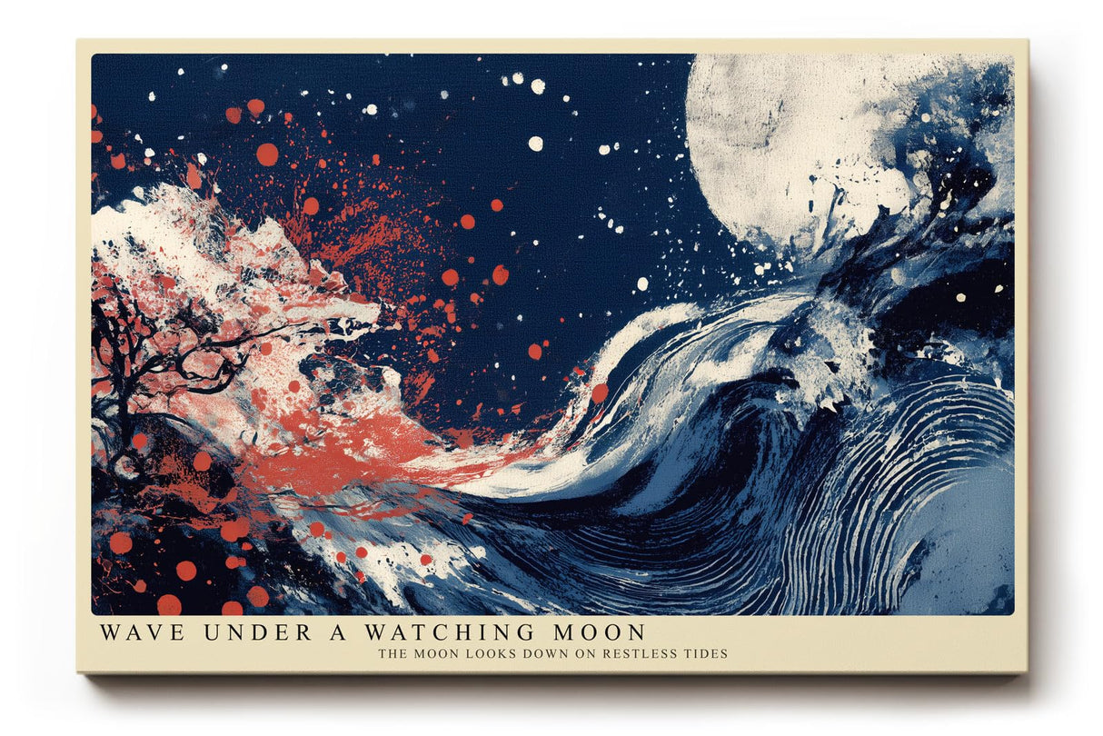 Paul Sinus Wandbild 120x80cm Abstrakte Welle unter Mond Japanisch inspirierte Meereskunst in Blau Rot fuer Wohnzimmer Schlafzimmer und Büro