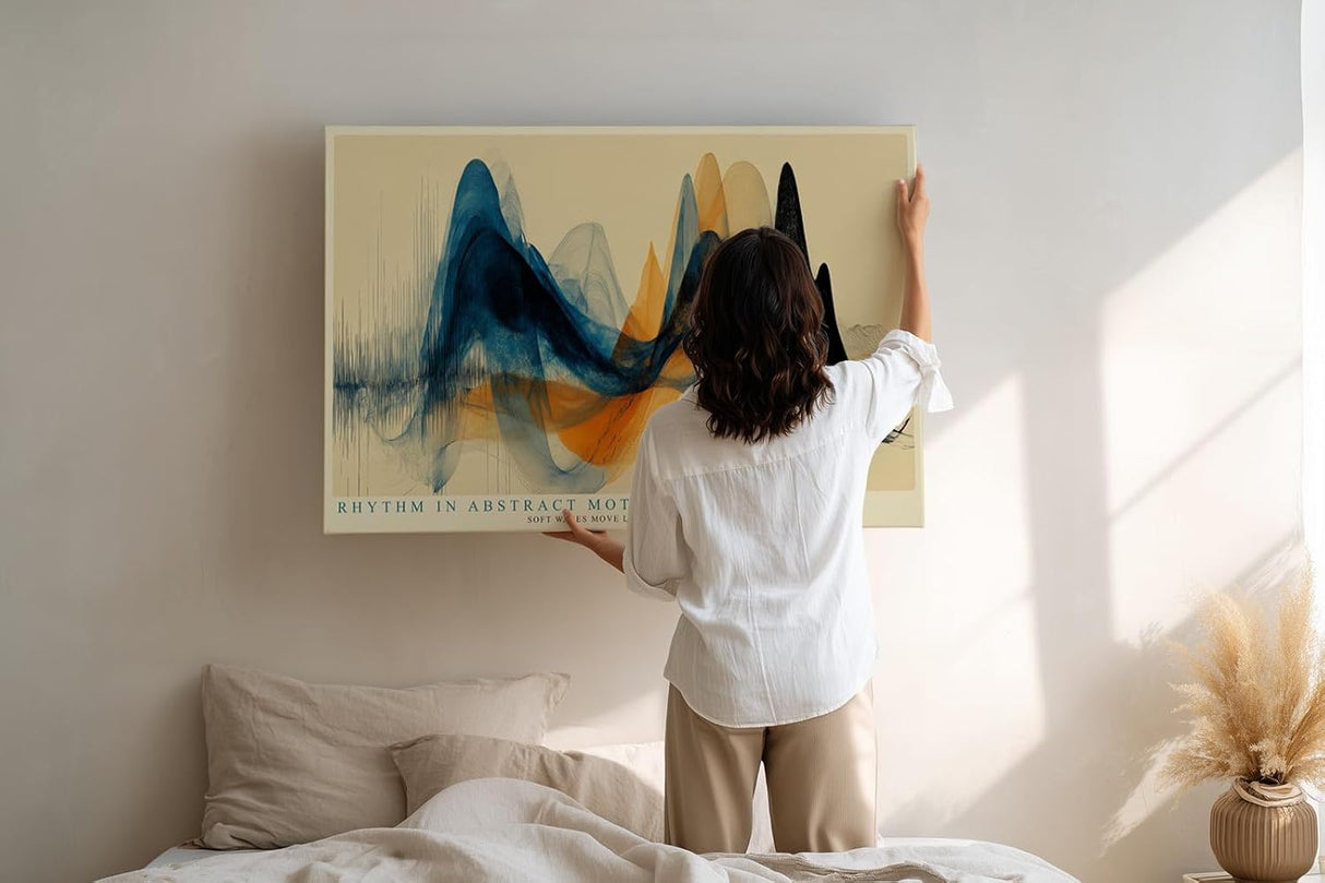 Paul Sinus Wandbild 120x80cm abstrakte Wellenformen modern blau orange dynamische Kunst Kunstdruck grosses Kunstbild moderne Wanddekoration fuer Wohnzimmer Büro