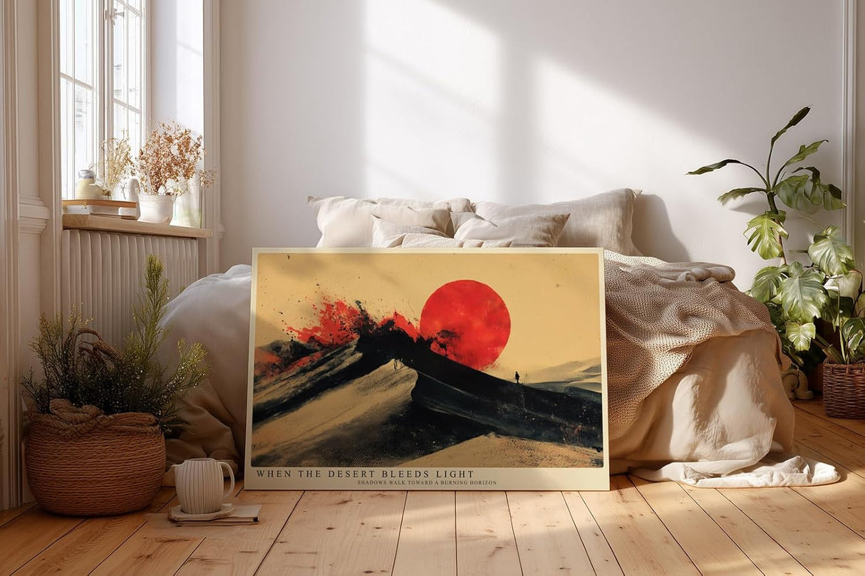 Paul Sinus Wandbild 120x80cm Abstrakte Wuestenlandschaft mit roter Sonne Moderne Kunst in Schwarz Rot und Beige