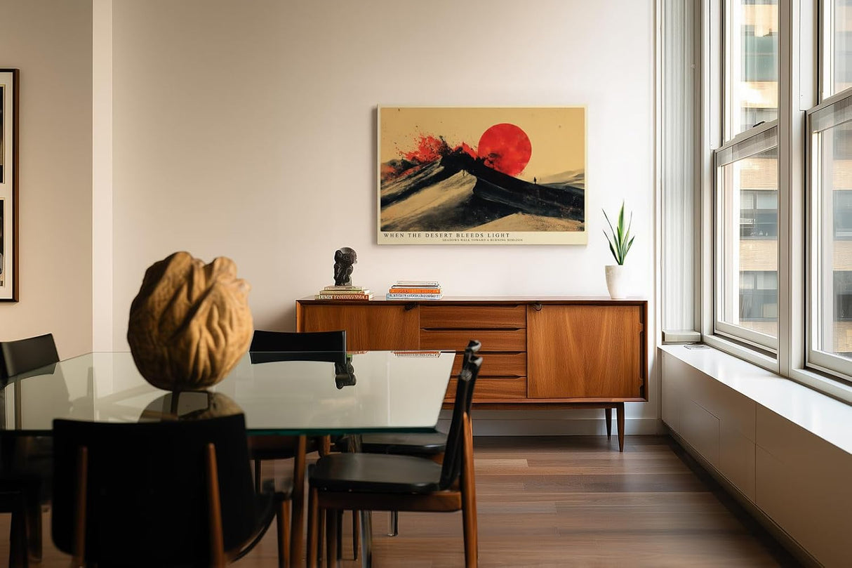 Paul Sinus Wandbild 120x80cm Abstrakte Wuestenlandschaft mit roter Sonne Moderne Kunst in Schwarz Rot und Beige