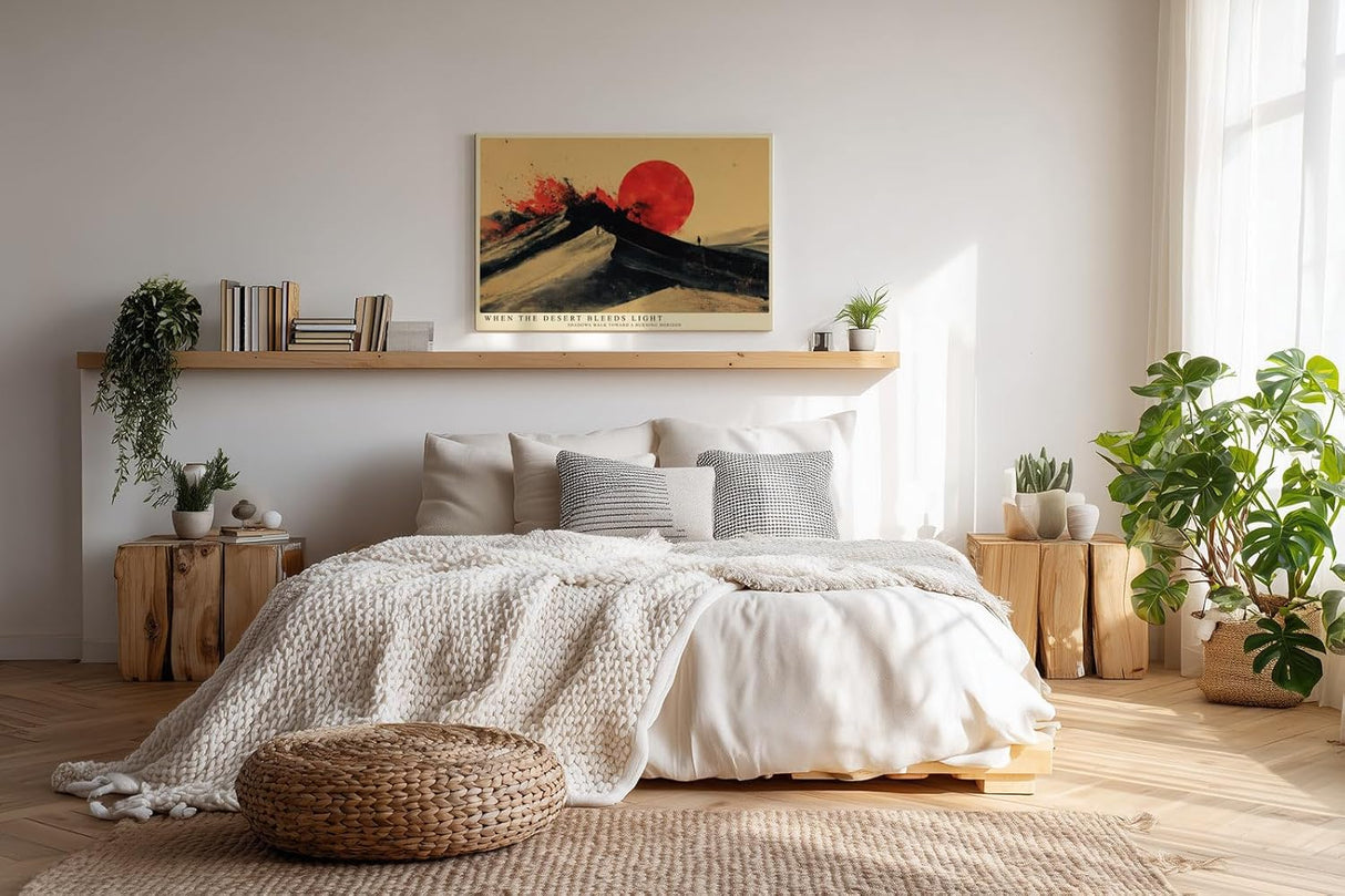 Paul Sinus Wandbild 120x80cm Abstrakte Wuestenlandschaft mit roter Sonne Moderne Kunst in Schwarz Rot und Beige