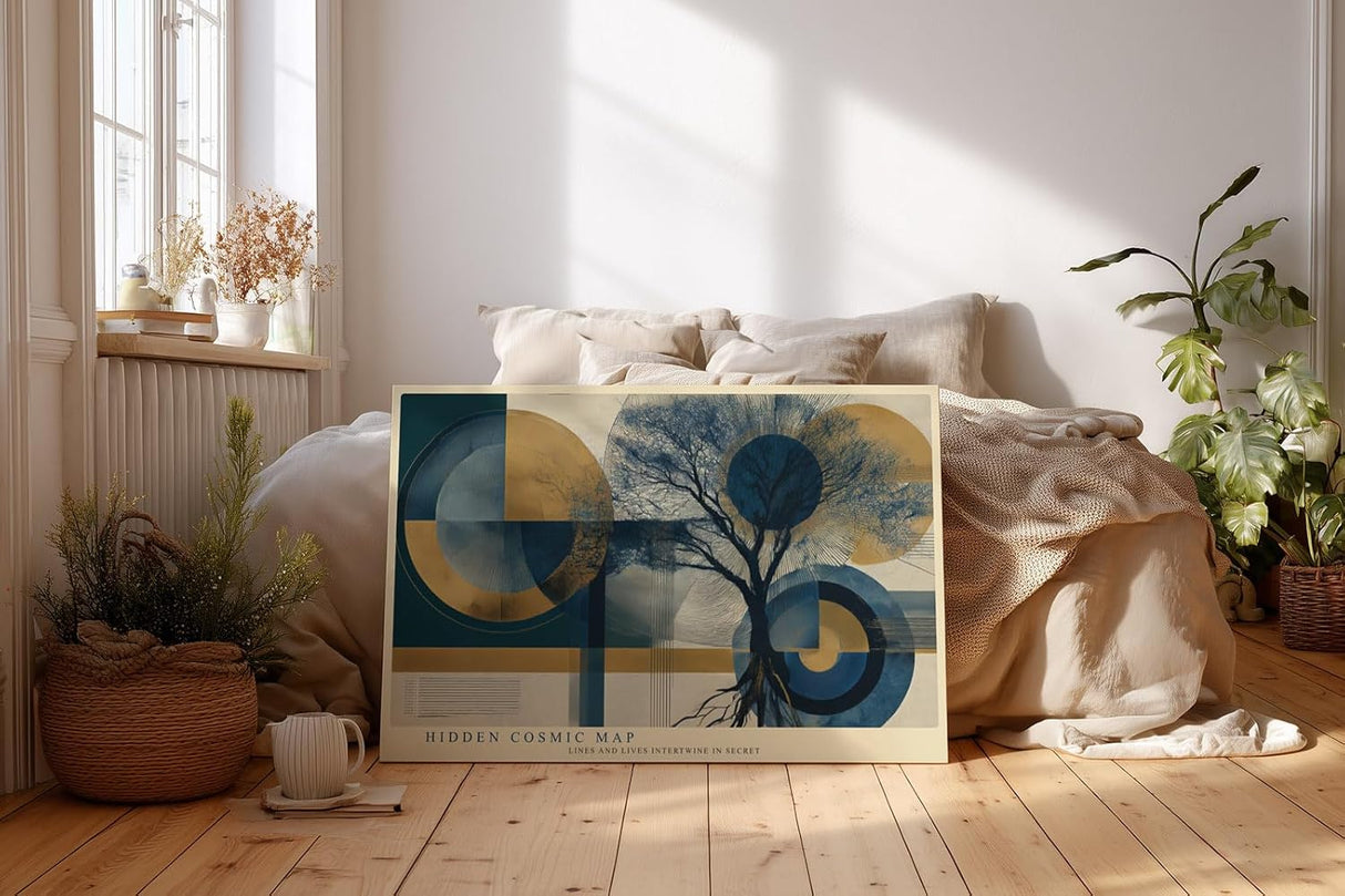 Paul Sinus Wandbild 120x80cm abstrakter Baum geometrische Kunst blau gold modernes Design Wanddekoration fuer Wohnzimmer Büro