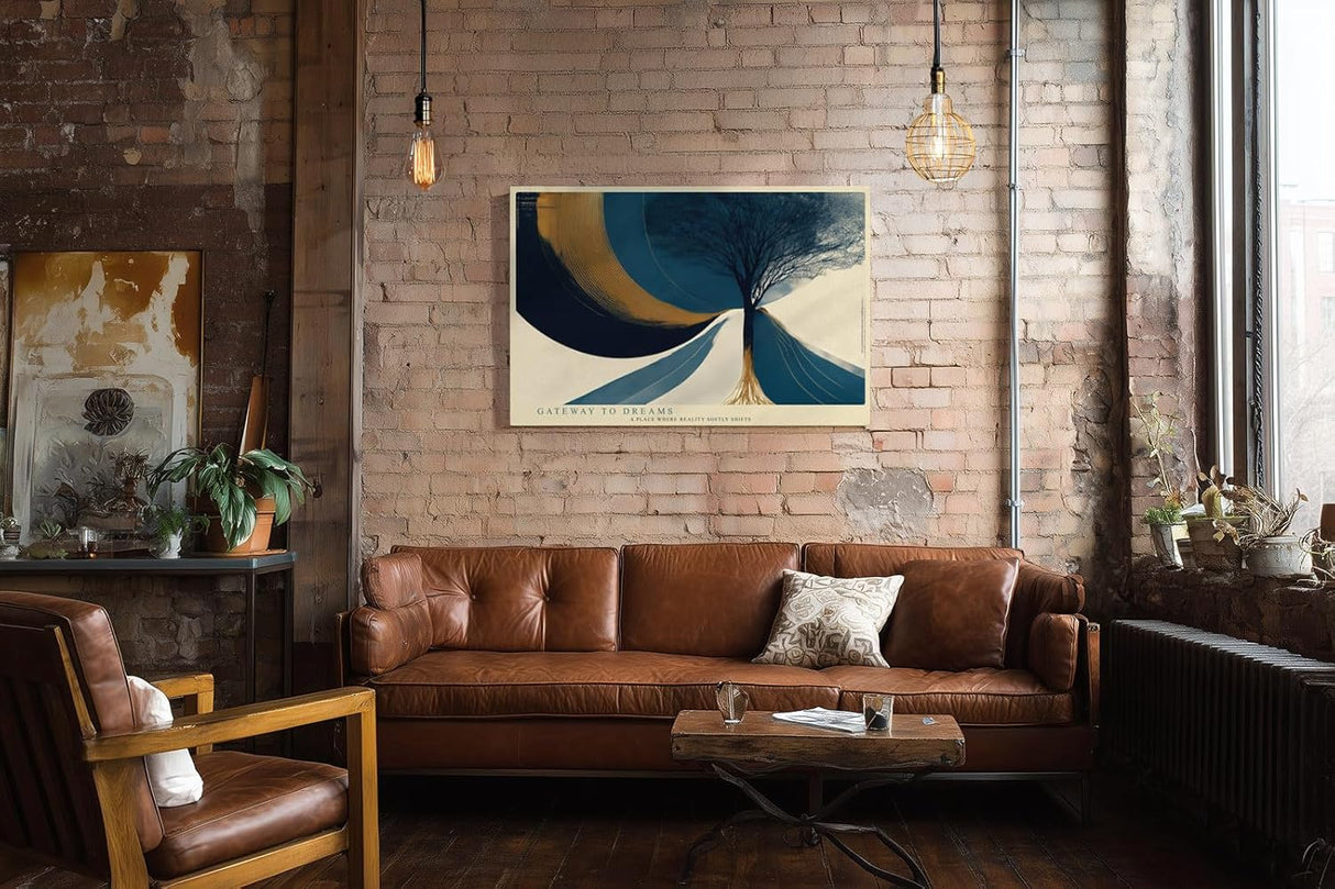Paul Sinus Wandbild 120x80cm abstrakter Baum moderne Landschaft Kunst blau gold grafisches Design stilvolle Wanddekoration fuer Wohnzimmer Büro