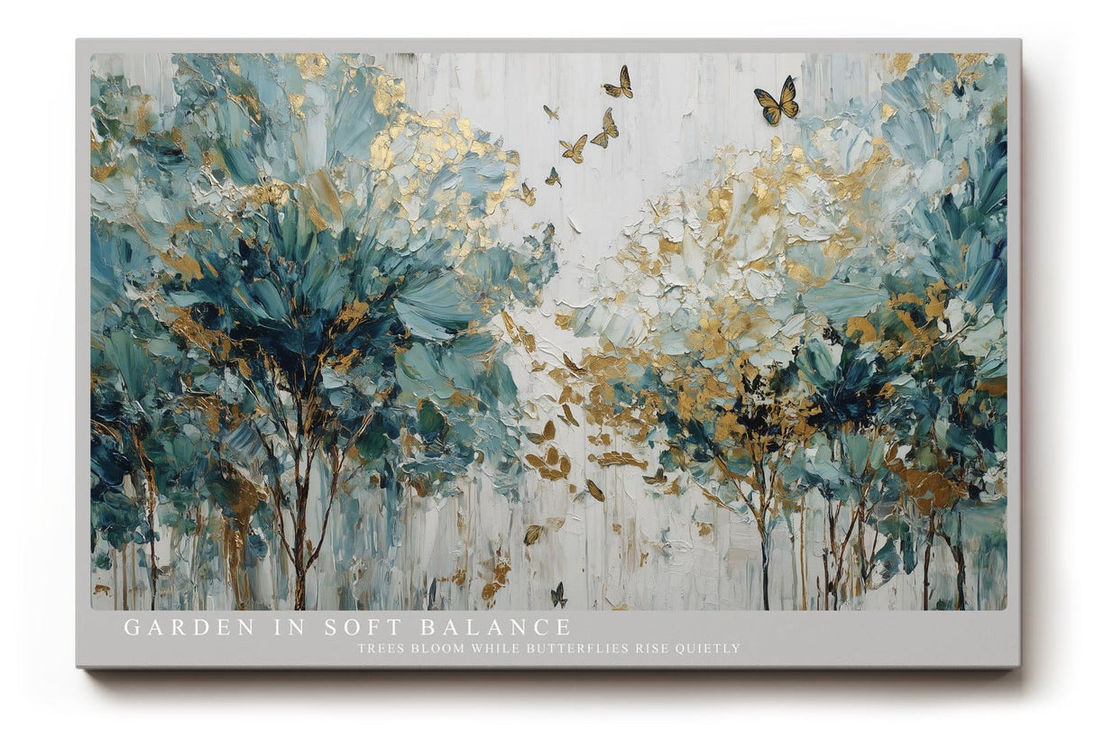 Paul Sinus Wandbild 120x80cm Abstrakter Garten Baeume Blumen Kunstmotiv Moderne Naturmalerei mit Schmetterlingen und sanften Farben