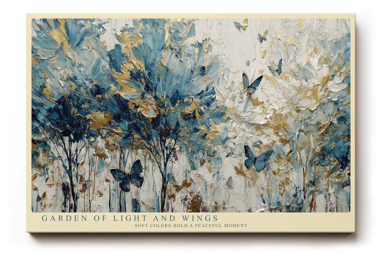 Paul Sinus Wandbild 120x80cm Abstrakter Garten mit Schmetterlingen Blau Gold Natur Kunst Wanddekoration Wohnzimmer Schlafzimmer