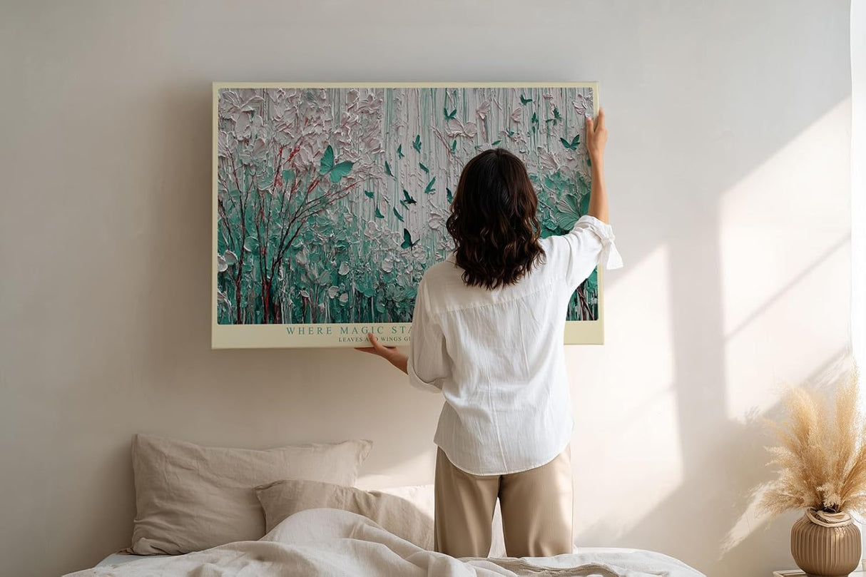 Paul Sinus Wandbild 120x80cm Abstrakter Traumwald mit Schmetterlingen Gruen Weiss Natur Kunst Wanddekoration
