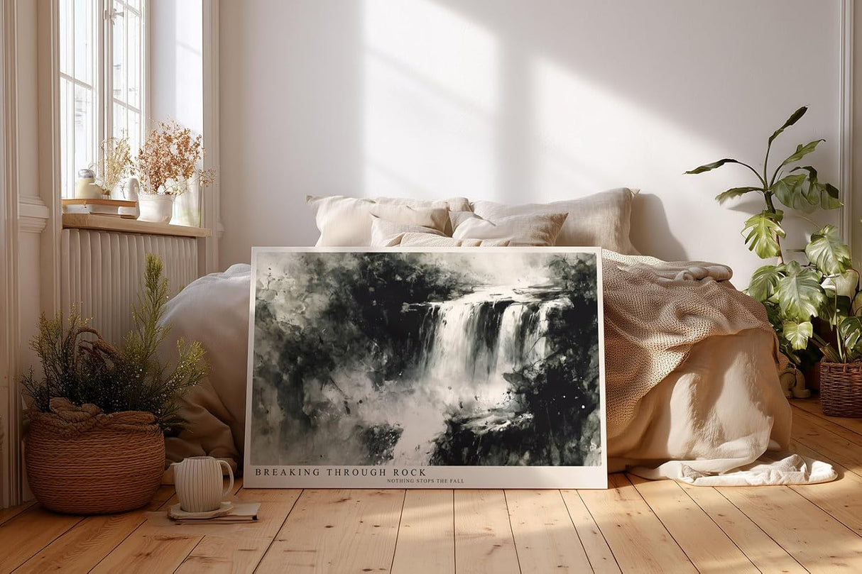 Paul Sinus Wandbild 120x80cm abstrakter Wasserfall monochrom moderne Naturkunst schwarz weiss dynamische Landschaftsmalerei grosses Kunstbild Wanddekoration fuer Wohnzimmer Büro Flur