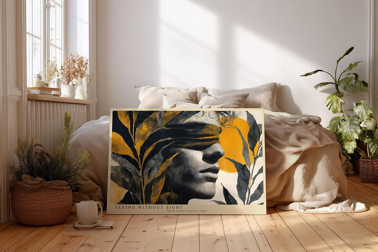 Paul Sinus Wandbild 120x80cm abstraktes Frauenportrait mit Pflanzen und Sonne moderne Kunst in Schwarz Gelb Beige Leinwand Wanddekoration fuer Wohnzimmer Büro