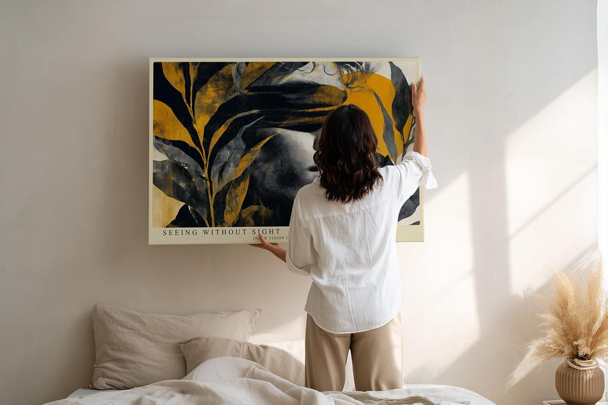 Paul Sinus Wandbild 120x80cm abstraktes Frauenportrait mit Pflanzen und Sonne moderne Kunst in Schwarz Gelb Beige Leinwand Wanddekoration fuer Wohnzimmer Büro