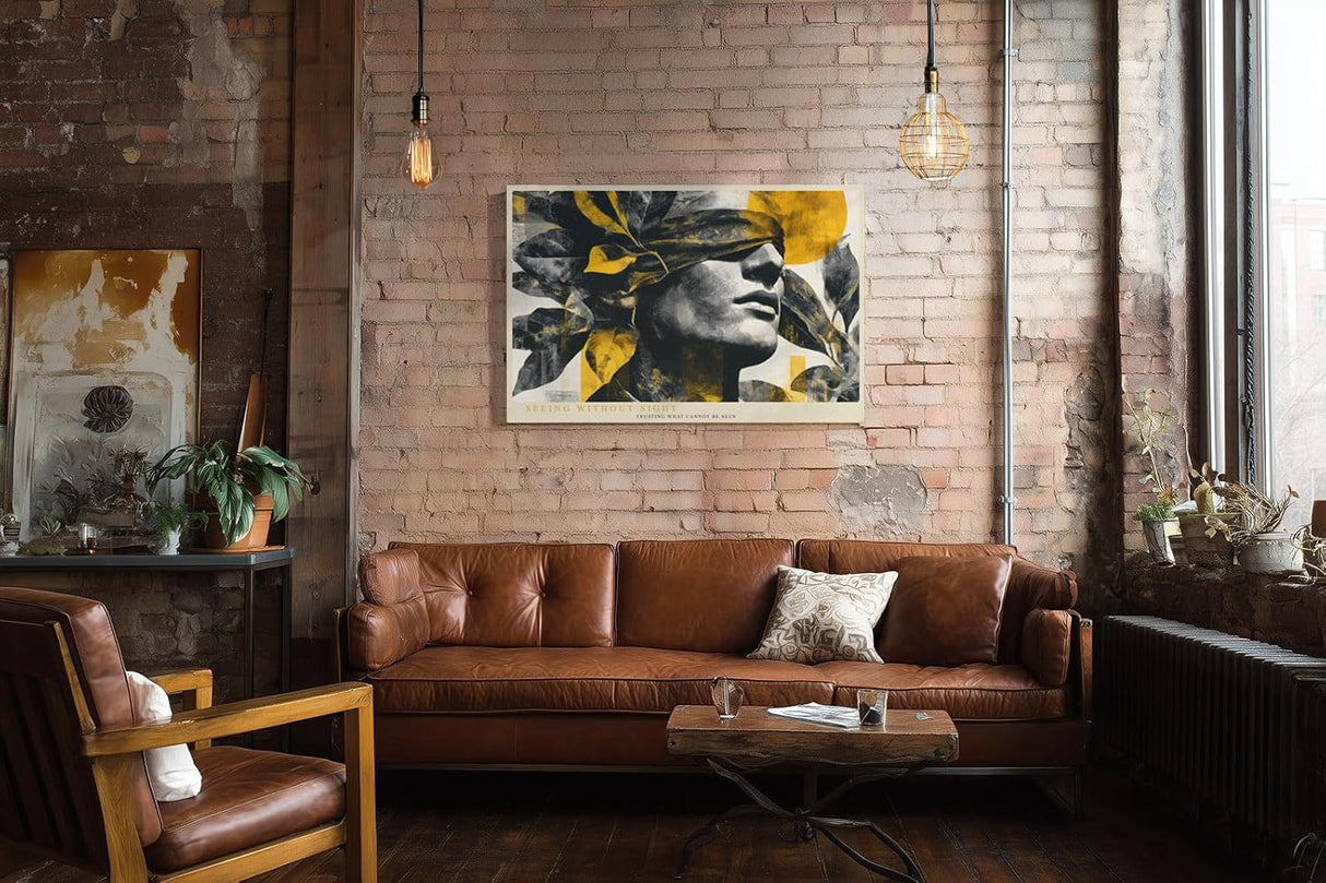 Paul Sinus Wandbild 120x80cm abstraktes Frauenportrait modern schwarz gold Kunst Gesicht mit Blaettern stilvolle Wanddekoration fuer Wohnzimmer Büro