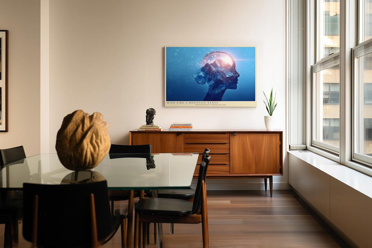Paul Sinus Wandbild 120x80cm abstraktes Gedanken Portrait mit Berglandschaft surreal moderne Kunst in Blau Licht und Natur Inspiration Wanddekoration für Wohnzimmer Büro
