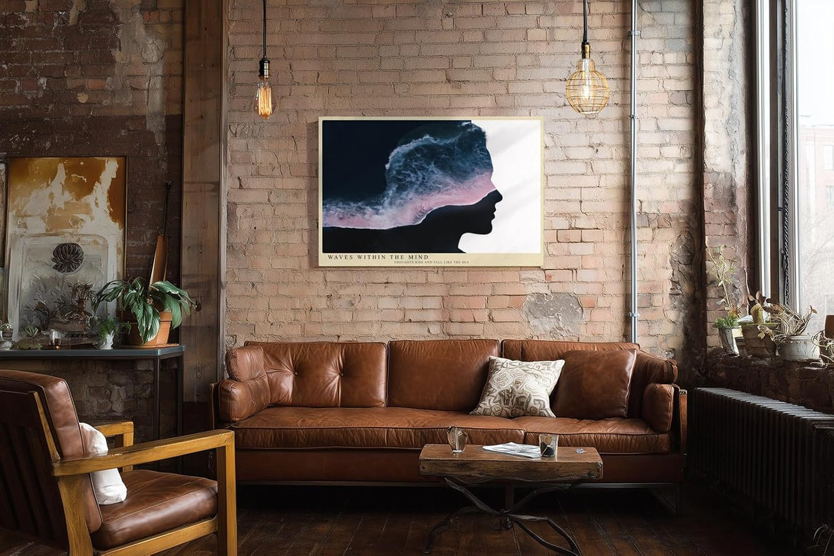 Paul Sinus Wandbild 120x80cm abstraktes Gesicht mit Meereswellen modernes Gedanken Kunstmotiv blau rosa surrealer Kunstdruck stilvolle Wanddekoration fuer Wohnzimmer Büro