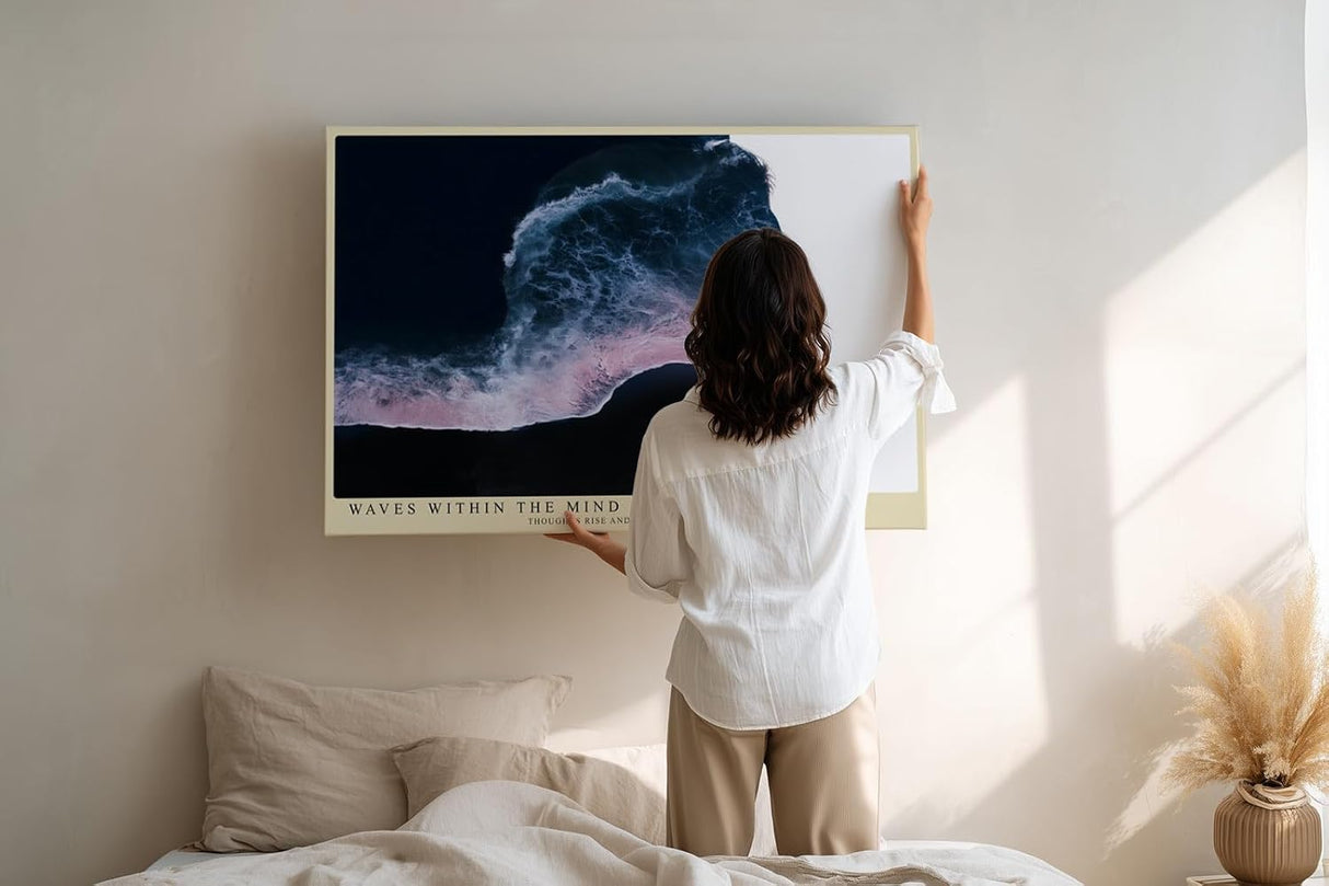 Paul Sinus Wandbild 120x80cm abstraktes Gesicht mit Meereswellen modernes Gedanken Kunstmotiv blau rosa surrealer Kunstdruck stilvolle Wanddekoration fuer Wohnzimmer Büro