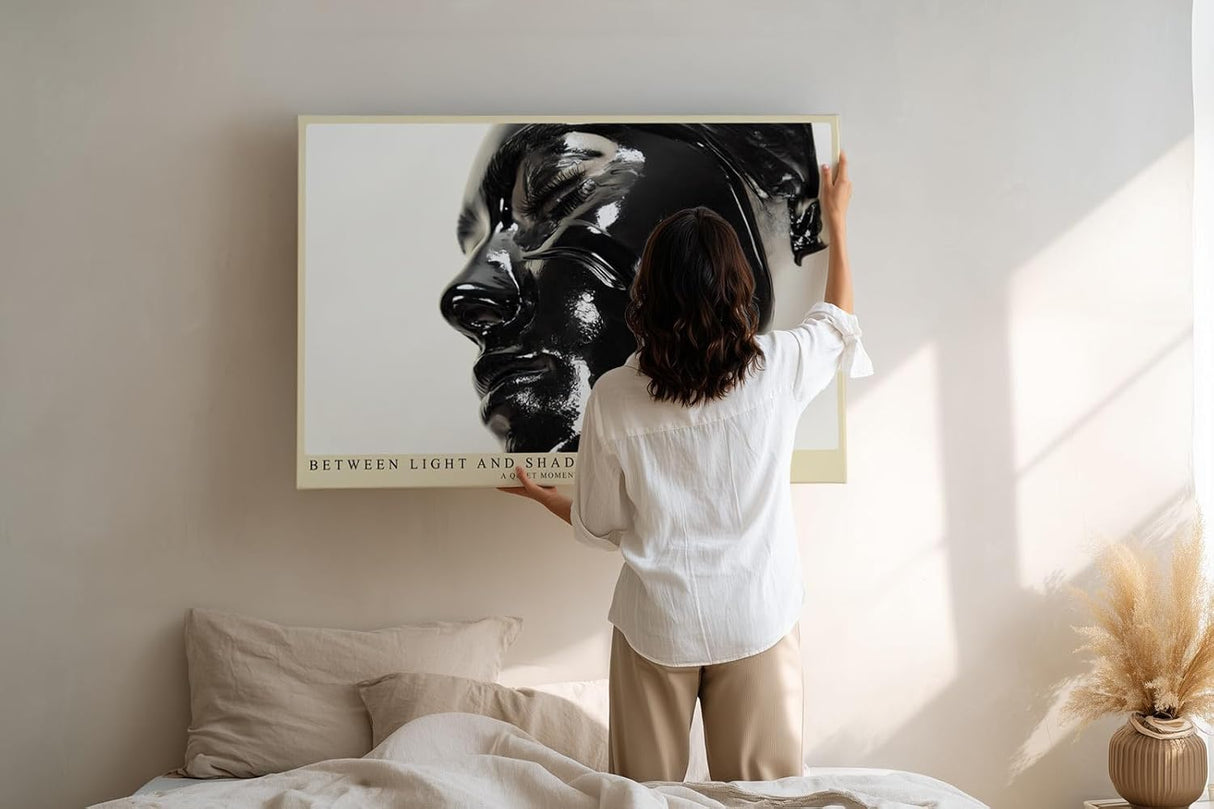 Paul Sinus Wandbild 120x80cm abstraktes Gesicht schwarz glänzende Kunst moderne Skulptur Licht und Schatten Kunstbild minimalistische