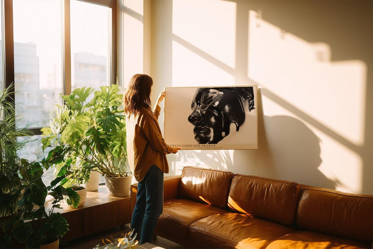 Paul Sinus Wandbild 120x80cm abstraktes Gesicht schwarz glänzende Kunst moderne Skulptur Licht und Schatten Kunstbild minimalistische