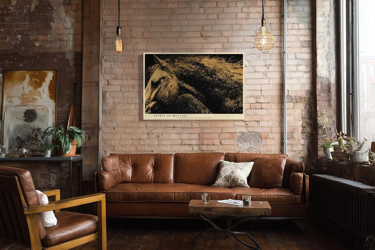 Paul Sinus Wandbild 120x80cm abstraktes Pferd goldene Partikel Bewegung moderne Tierkunst dynamisches Kunstbild stilvolle Wanddekoration fuer Wohnzimmer Büro