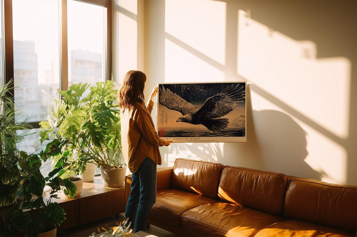 Paul Sinus Wandbild 120x80cm Adler unter Sternenhimmel Japanische Kunst Schwarz Gold Wanddekoration Wohnzimmer