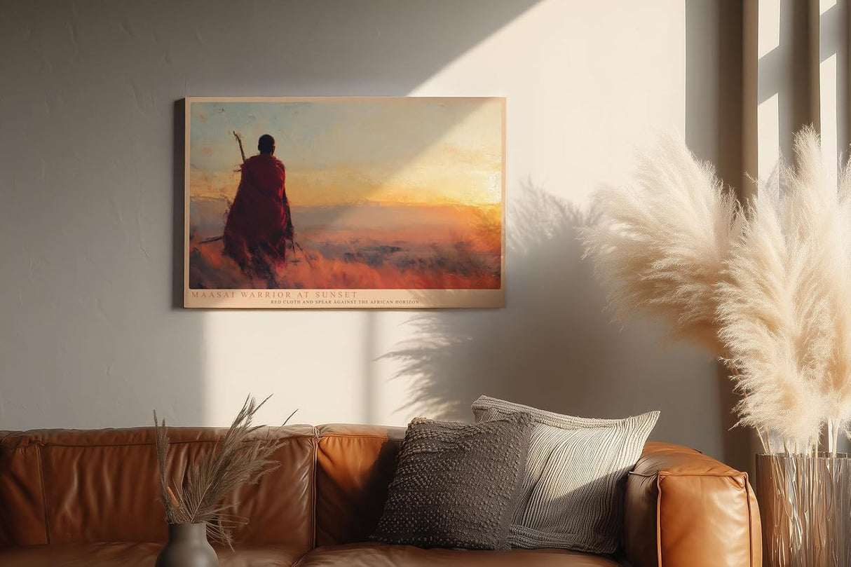 Paul Sinus Wandbild 120x80cm Afrikanische Landschaft Maasai Krieger Sonnenuntergang Natur Kunst Wanddekoration Wohnzimmer Schlafzimmer