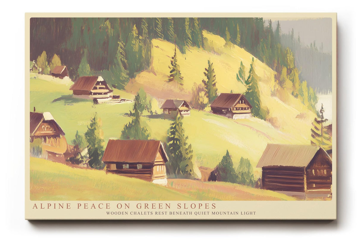 Paul Sinus Wandbild 120x80cm Alpenhuetten Berglandschaft Ruhige Natur Illustration mit Almhaeusern und Gruenen Berghaengen fuer Wohnzimmer und Schlafzimmer
