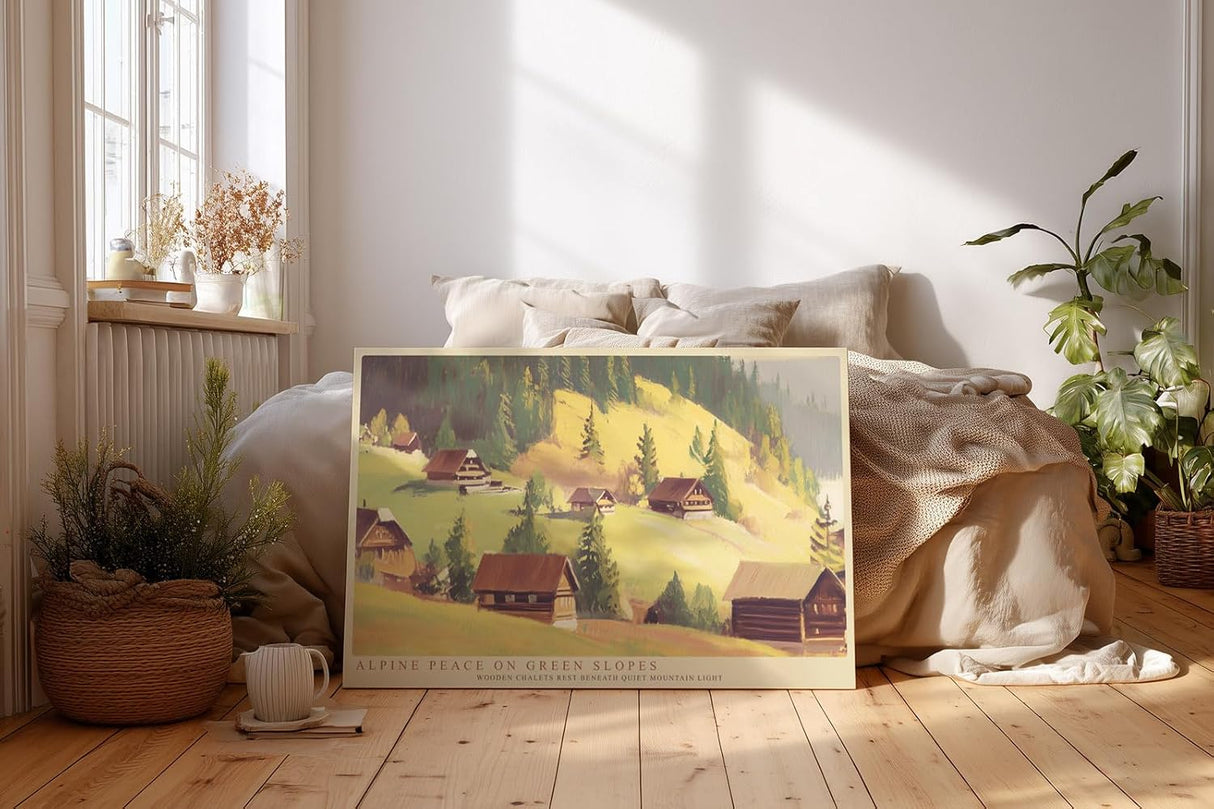 Paul Sinus Wandbild 120x80cm Alpenhuetten Berglandschaft Ruhige Natur Illustration mit Almhaeusern und Gruenen Berghaengen fuer Wohnzimmer und Schlafzimmer
