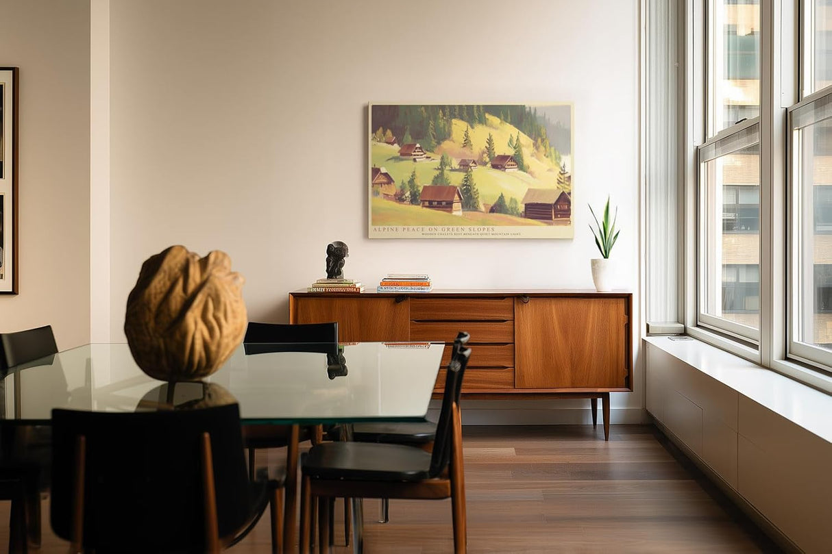 Paul Sinus Wandbild 120x80cm Alpenhuetten Berglandschaft Ruhige Natur Illustration mit Almhaeusern und Gruenen Berghaengen fuer Wohnzimmer und Schlafzimmer