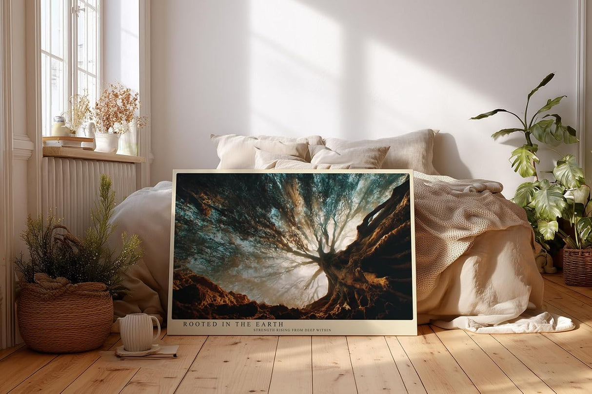 Paul Sinus Wandbild 120x80cm alter Baum von unten Naturfotografie modern mystische Waldszene grosses Natur Kunstbild stilvolle Wanddekoration fuer Wohnzimmer Büro Flur
