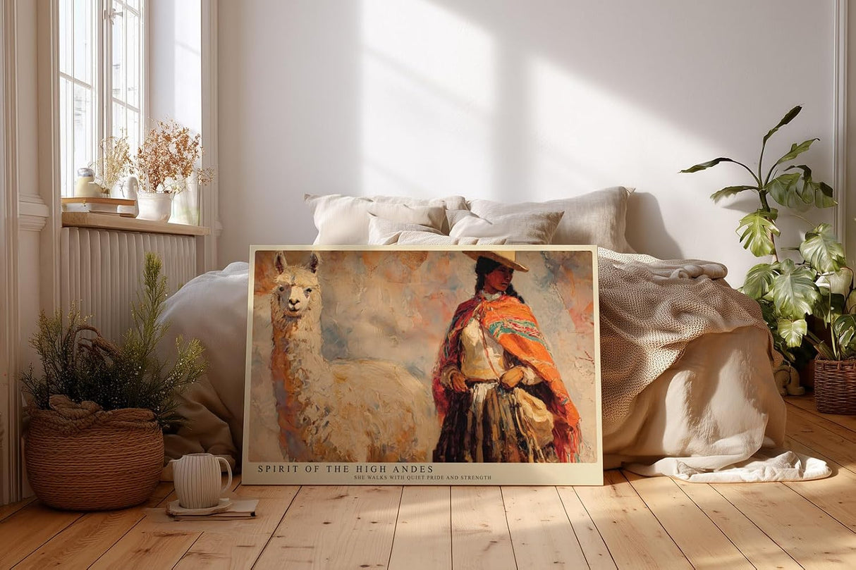 Paul Sinus Wandbild 120x80cm Anden Landschaft mit Frau und Alpaka Kunst in Warmen Farben für Wohnzimmer Büro und Flur