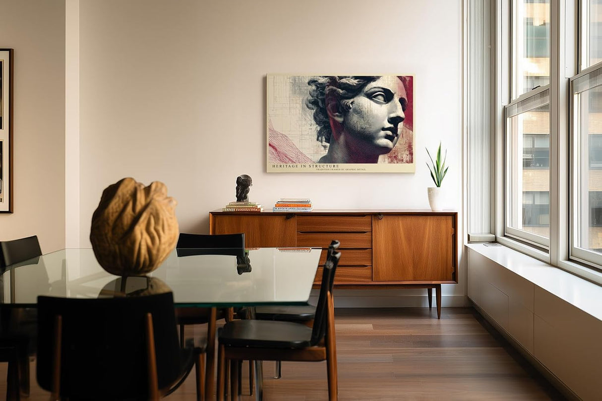 Paul Sinus Wandbild 120x80cm antike Skulptur mit grafischen Linien moderne Kunst Collage in Grau Rot Beige Leinwand Wanddekoration fuer Wohnzimmer Büro