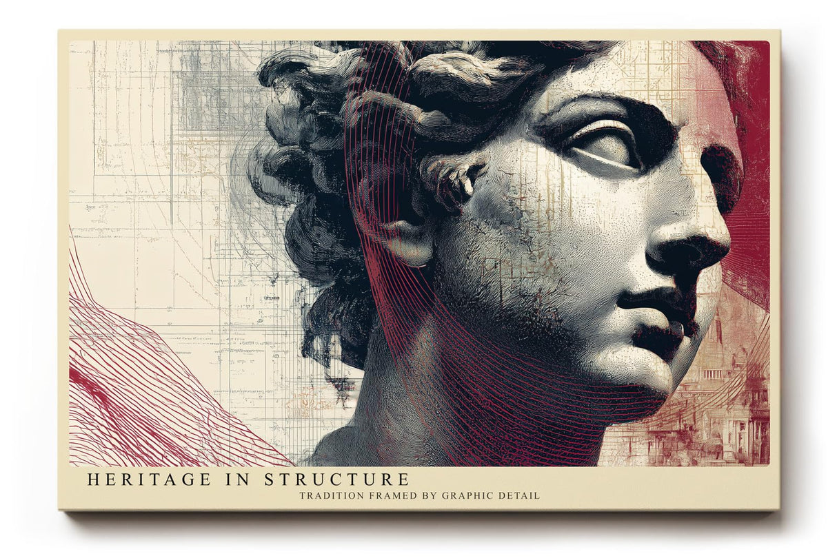 Paul Sinus Wandbild 120x80cm antike Skulptur mit grafischen Linien moderne Kunst Collage in Grau Rot Beige Leinwand Wanddekoration fuer Wohnzimmer Büro