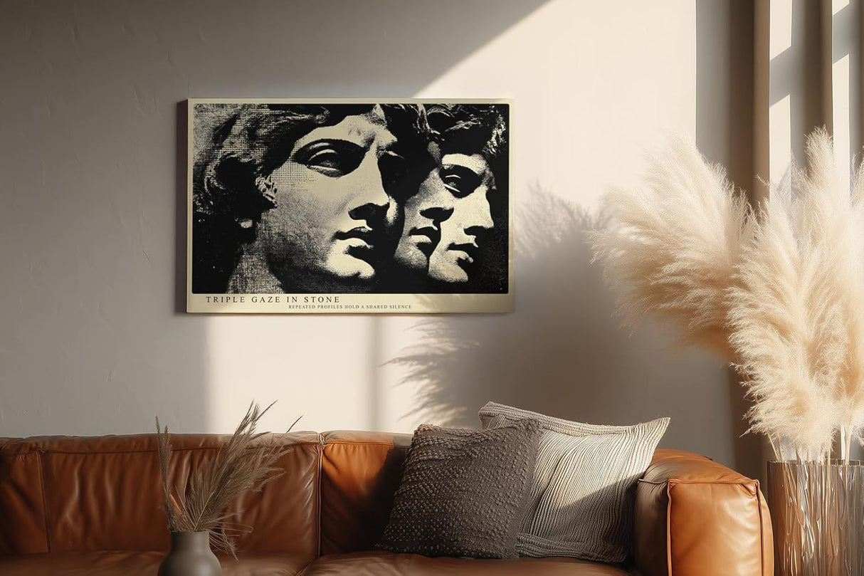 Paul Sinus Wandbild 120x80cm Antike Statue Dreifach Portrait Moderne Klassische Kunst in Schwarz Weiss für Wohnzimmer Büro Flur