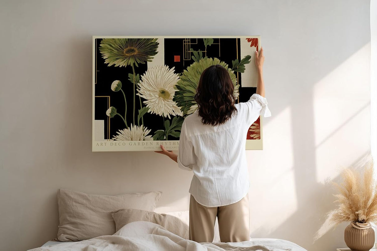 Paul Sinus Wandbild 120x80cm Art Deco Blumen Komposition moderne florale Kunst mit geometrischem Design Wanddekoration