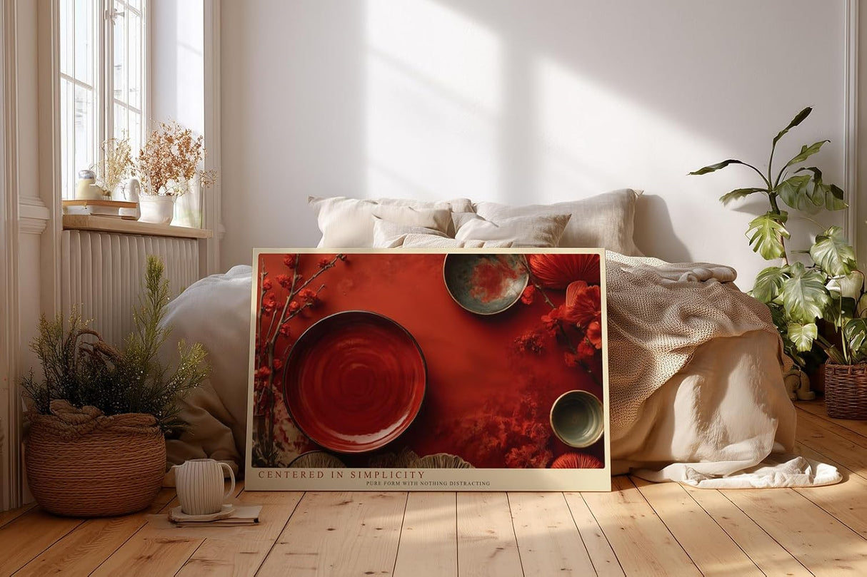 Paul Sinus Wandbild 120x80cm asiatische Stillleben Kunst rot minimalistische Komposition moderne Zen Dekoration grosses Kunstbild stilvolle Wanddekoration fuer Wohnzimmer Esszimmer Kueche Büro