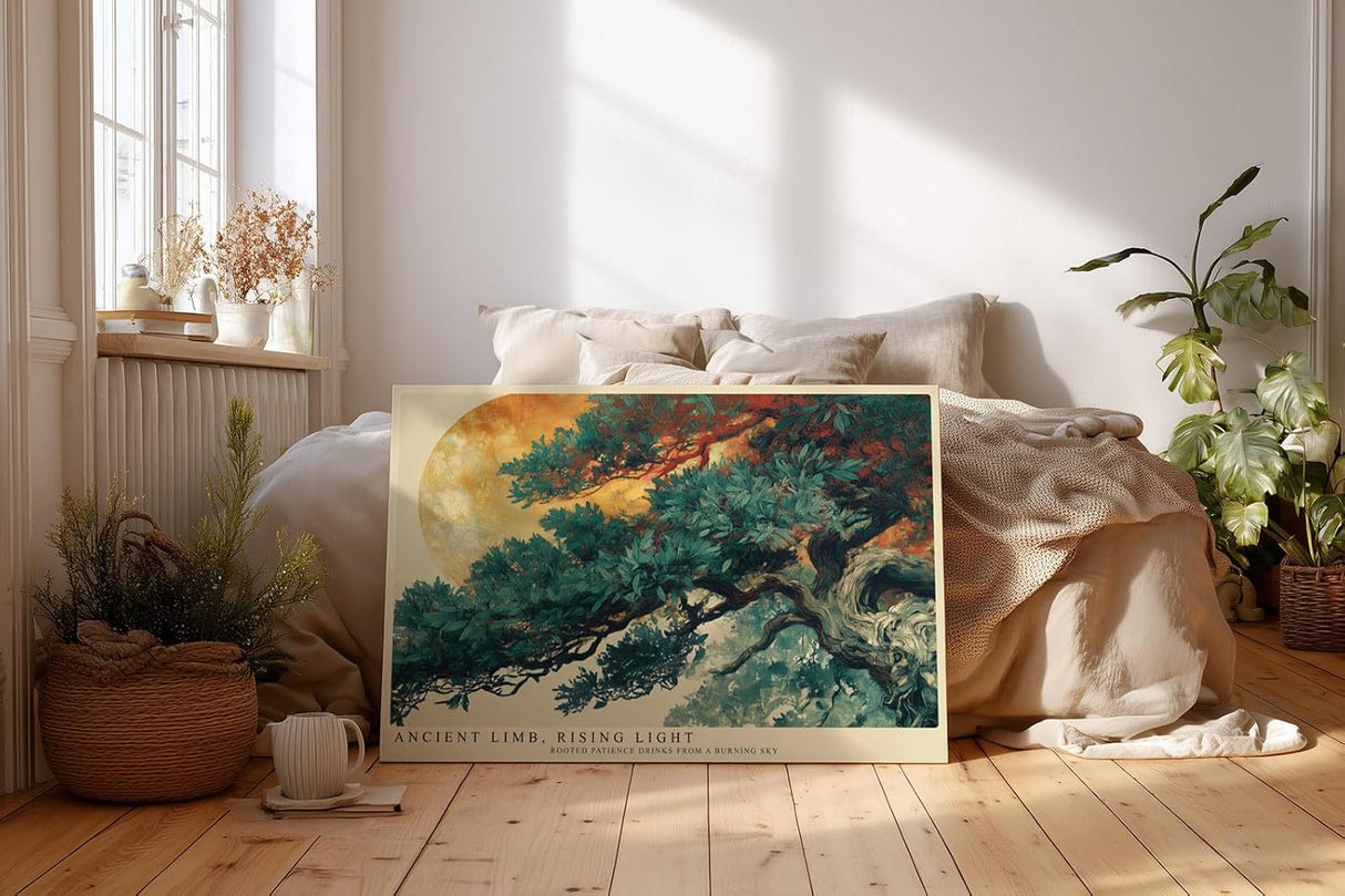 Paul Sinus Wandbild 120x80cm Asiatischer Baum mit Mond Landschaftskunst in Gruen Gold und Naturtoenen fuer ruhige Wohnräume