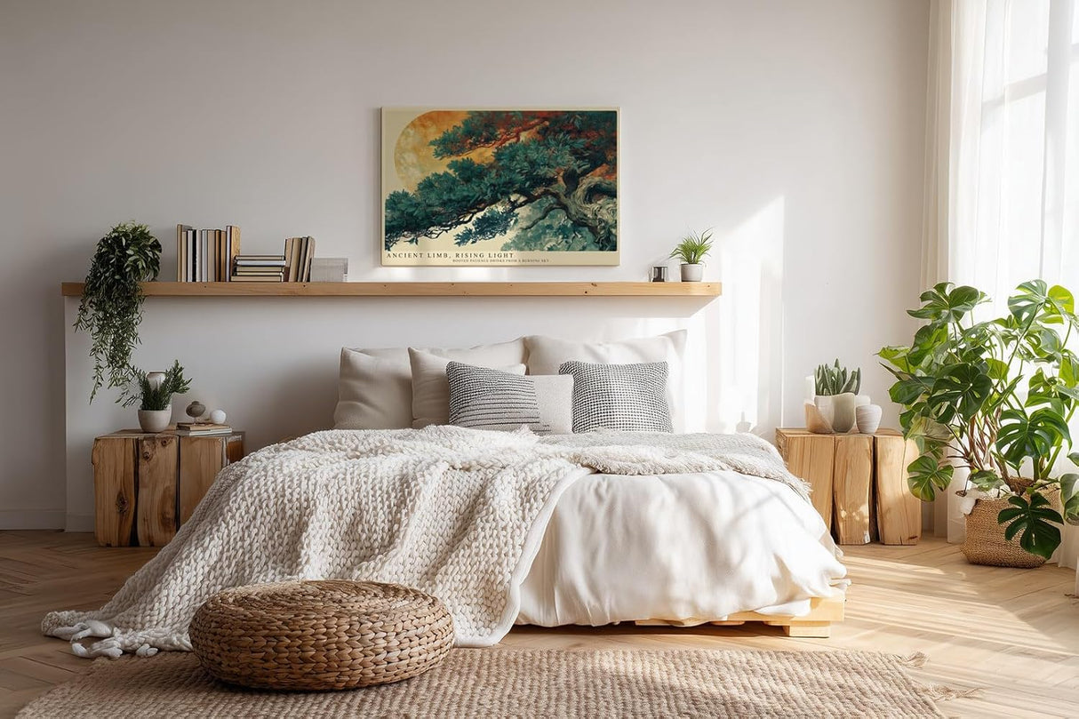 Paul Sinus Wandbild 120x80cm Asiatischer Baum mit Mond Landschaftskunst in Gruen Gold und Naturtoenen fuer ruhige Wohnräume