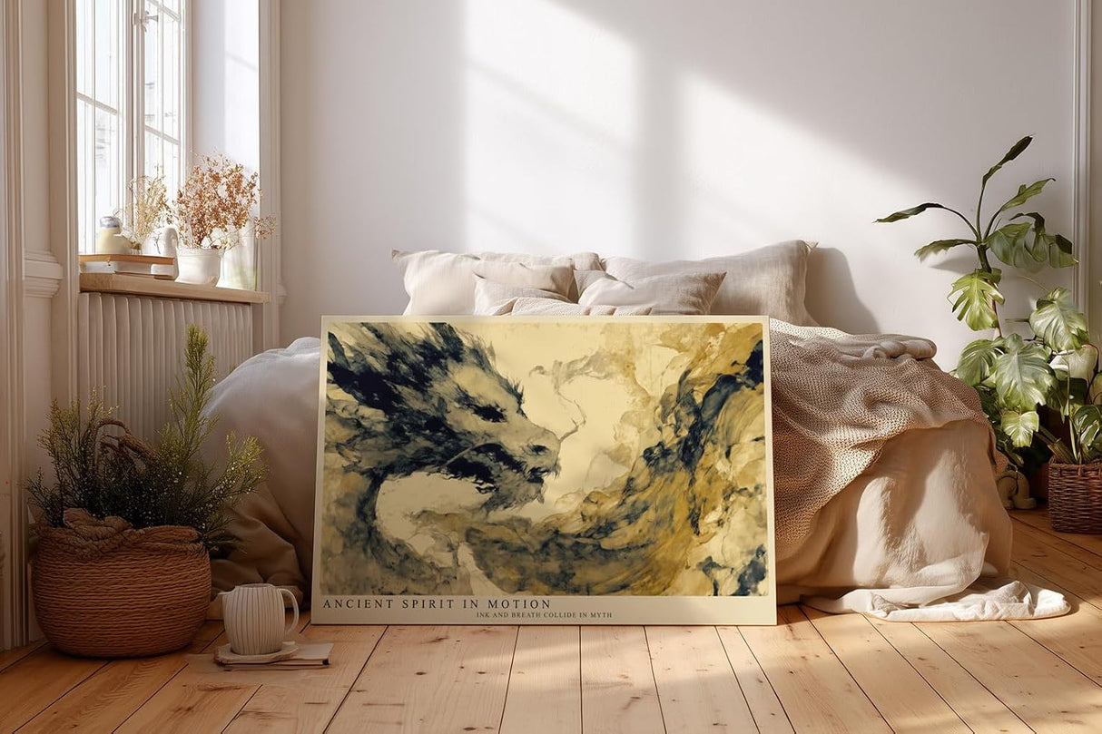 Paul Sinus Wandbild 120x80cm asiatischer Drachengeist Tusche Stil beige schwarz mythologische Kunst modernes bild grosses Wandbild 120x80cm ruhige Wanddekoration fuer Wohnzimmer Büro